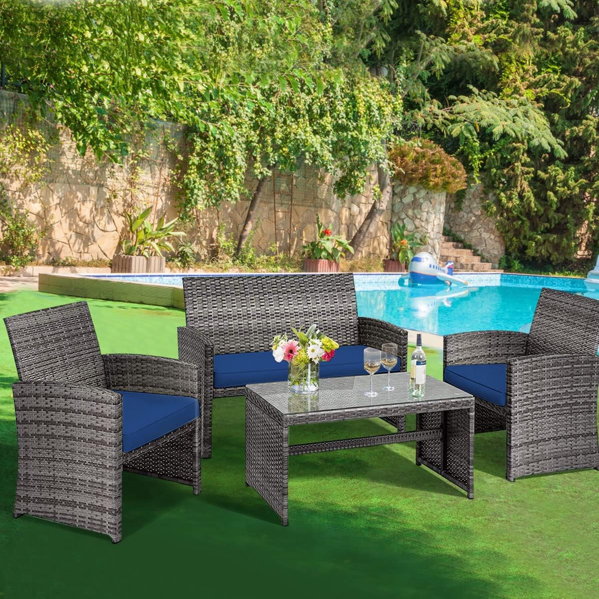 Giantex 4 Pc Patio Conversation Set, Rattan Loveseat & Patio Chairs with Cushioned Seat, Wicker Coffee Table, Outdoor Furniture Set for Front Porch Poolside Garden Lawn