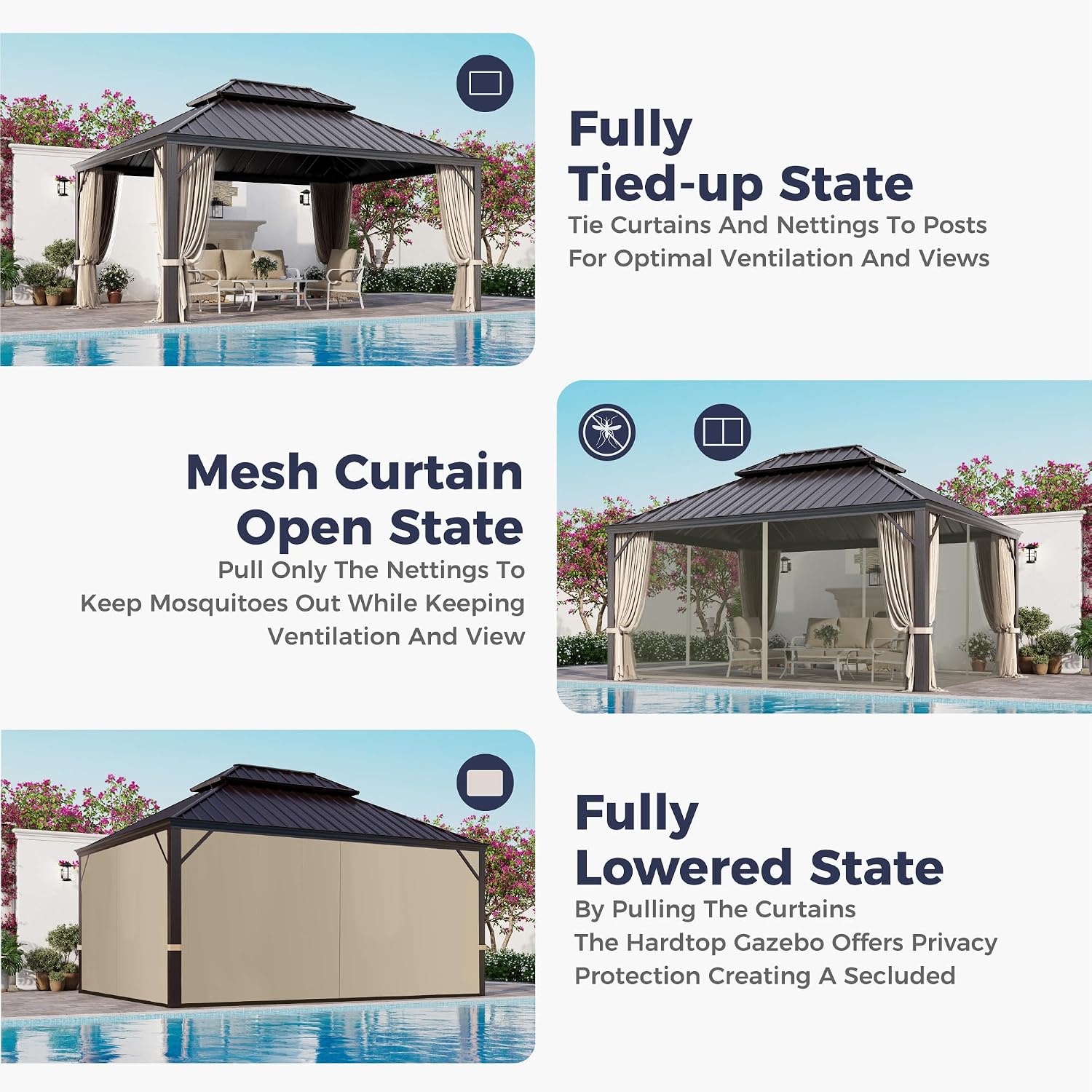 SUNSHINE VALLEY 12'x16' Hardtop Gazebo, Permanent Aluminum Outdoor Gazebo with Galvanized Steel Double Roof & Gutter System, Heavy Duty Patio Pavilion Canopy with Netting and Curtains for Deck, Garden