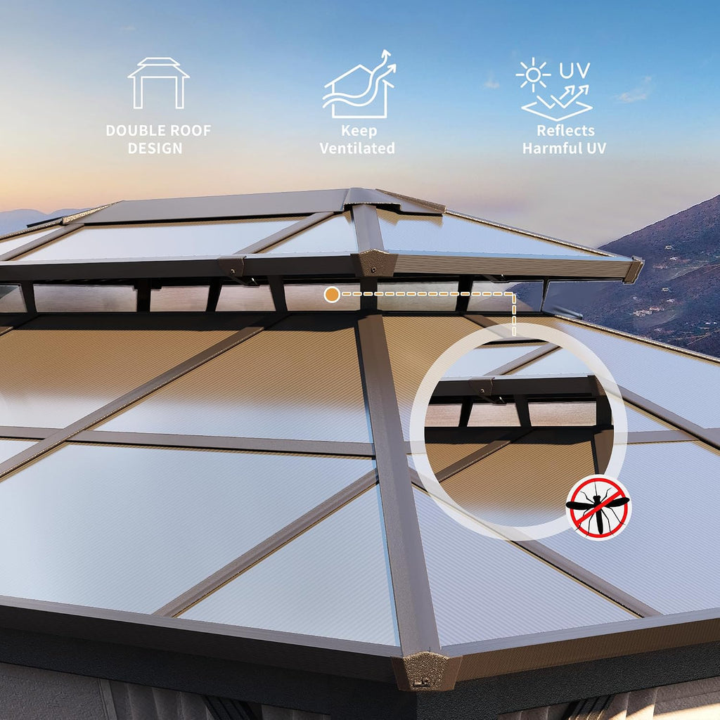 YOLENY 10'x13' Hardtop Gazebo, Outdoor Polycarbonate Double Roof Canopy, Aluminum Frame Permanent Pavilion with Curtains and Netting, Sunshade for Garden, Lawns, Patio
