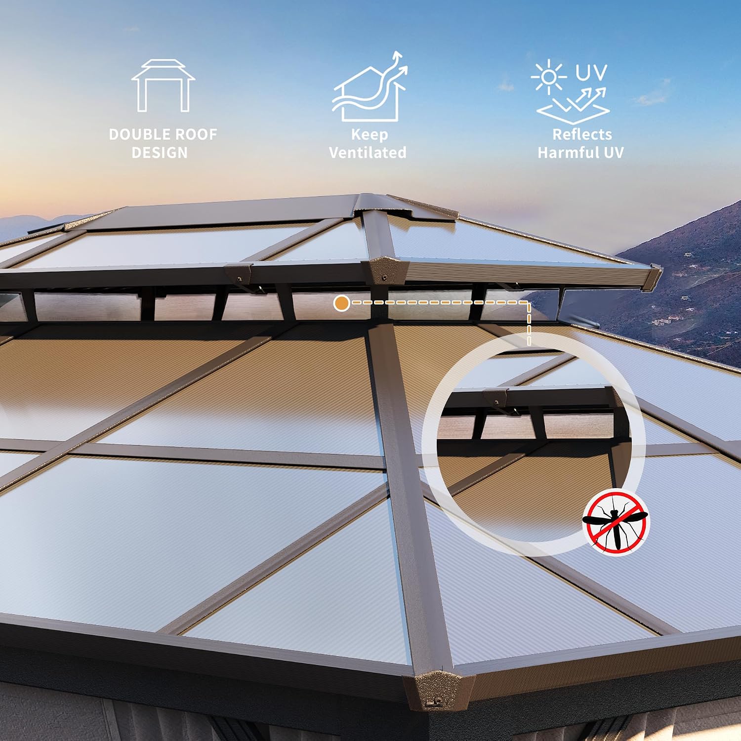 YOLENY 10'x13' Hardtop Gazebo, Outdoor Polycarbonate Double Roof Canopy, Aluminum Frame Permanent Pavilion with Curtains and Netting, Sunshade for Garden, Patio, Lawns