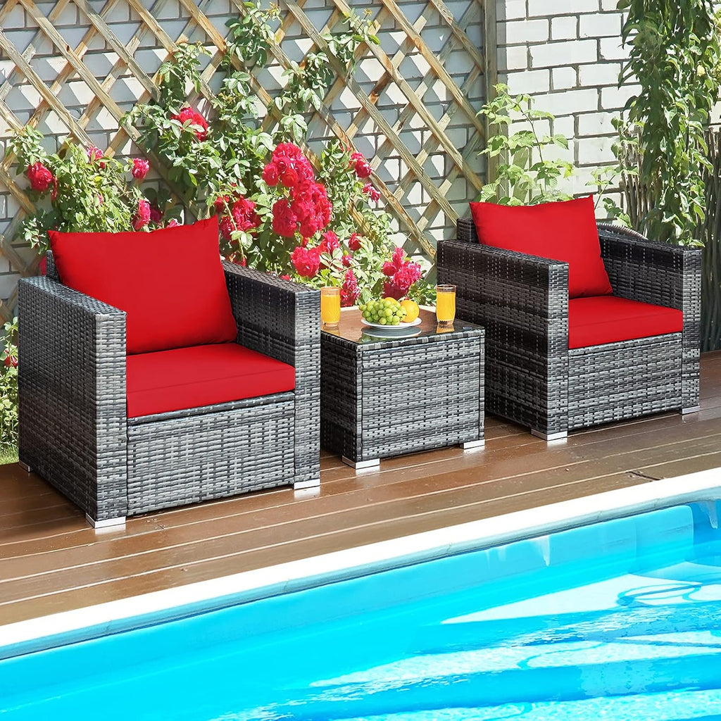 HAPPYGRILL 3-Piece Patio Conversation Set Outdoor Rattan Wicker Sofa Set with Coffee Table Patio Furniture Set with Soft Cushions for Balcony Porch Backyard Garden