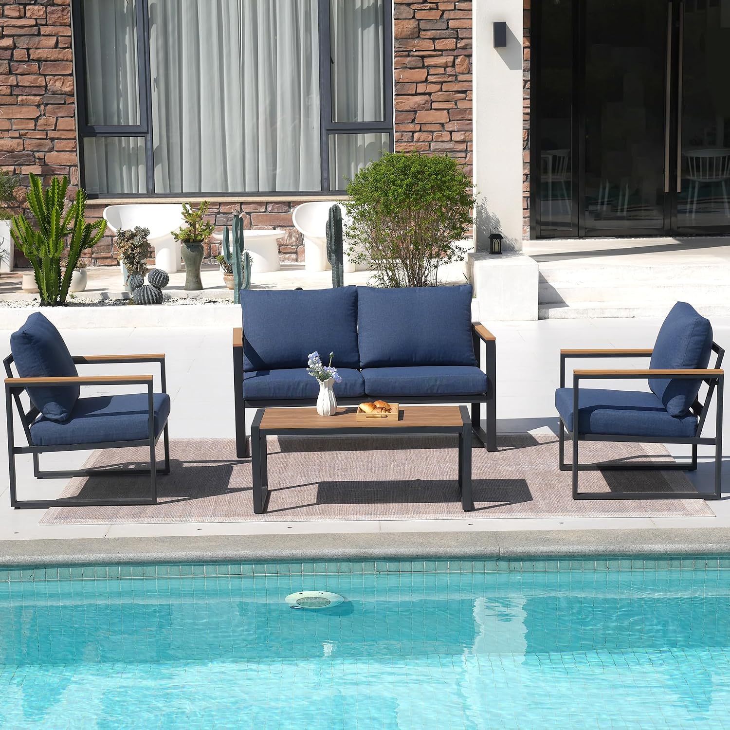 Patio Furniture Set, 4 Pieces Outdoor Patio Furniture with Coffee Table Set, Metal Patio Conversation Sets with Washable and High-Resiliency Sponge Cushions, Upgrade Blue