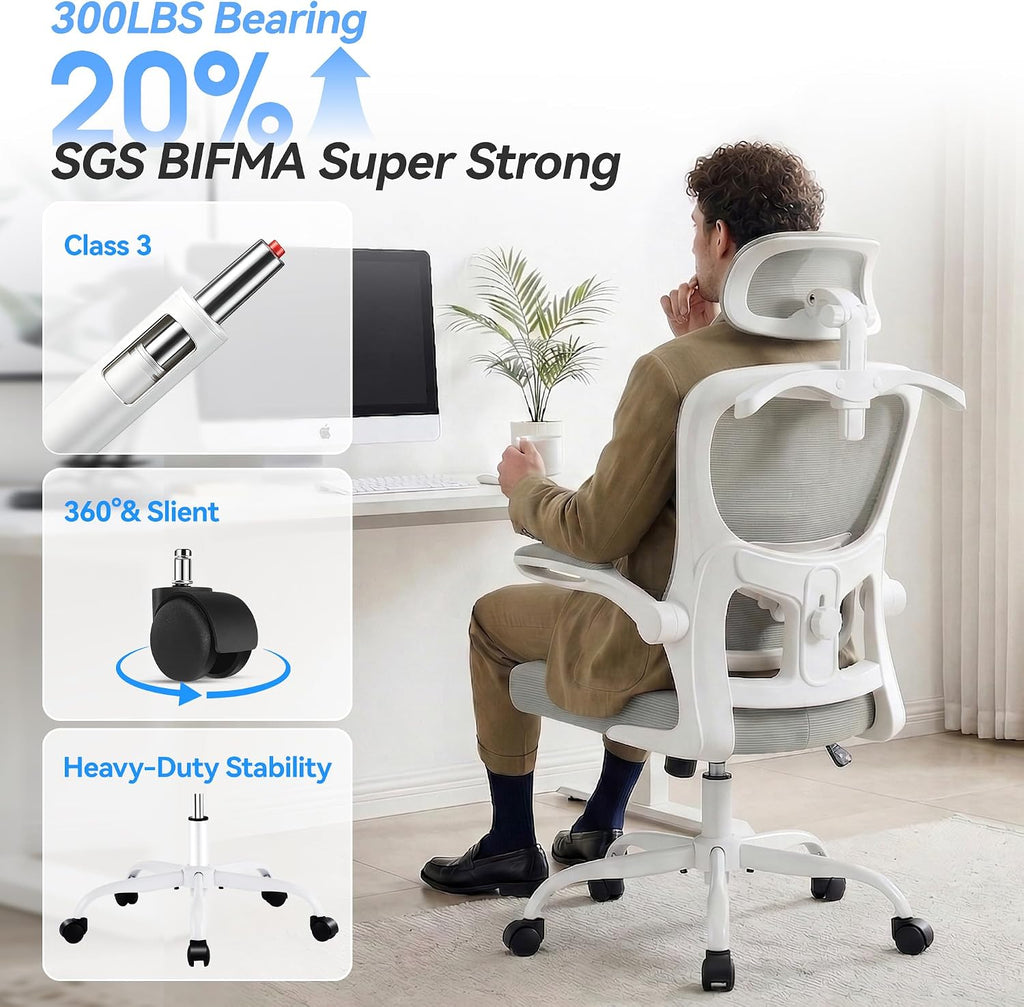 AreShark Office Chair Ergonomic Desk Chairs with Adjustable Lumbar Support& Headrest Hanger, High Back Breathable Mesh Chair with Wheels, Rolling Swivel Comfy Task Computer Chair for Home Work Gaming