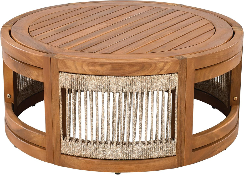 Merax 4-Piece Patio Premium Acacia Wood Outdoor Furniture Set,All Weather Curved Tub Design with Woven Rope Accents Loveseat Chairs and Table for Backyard, Balcony and Deck,Teak+Grey
