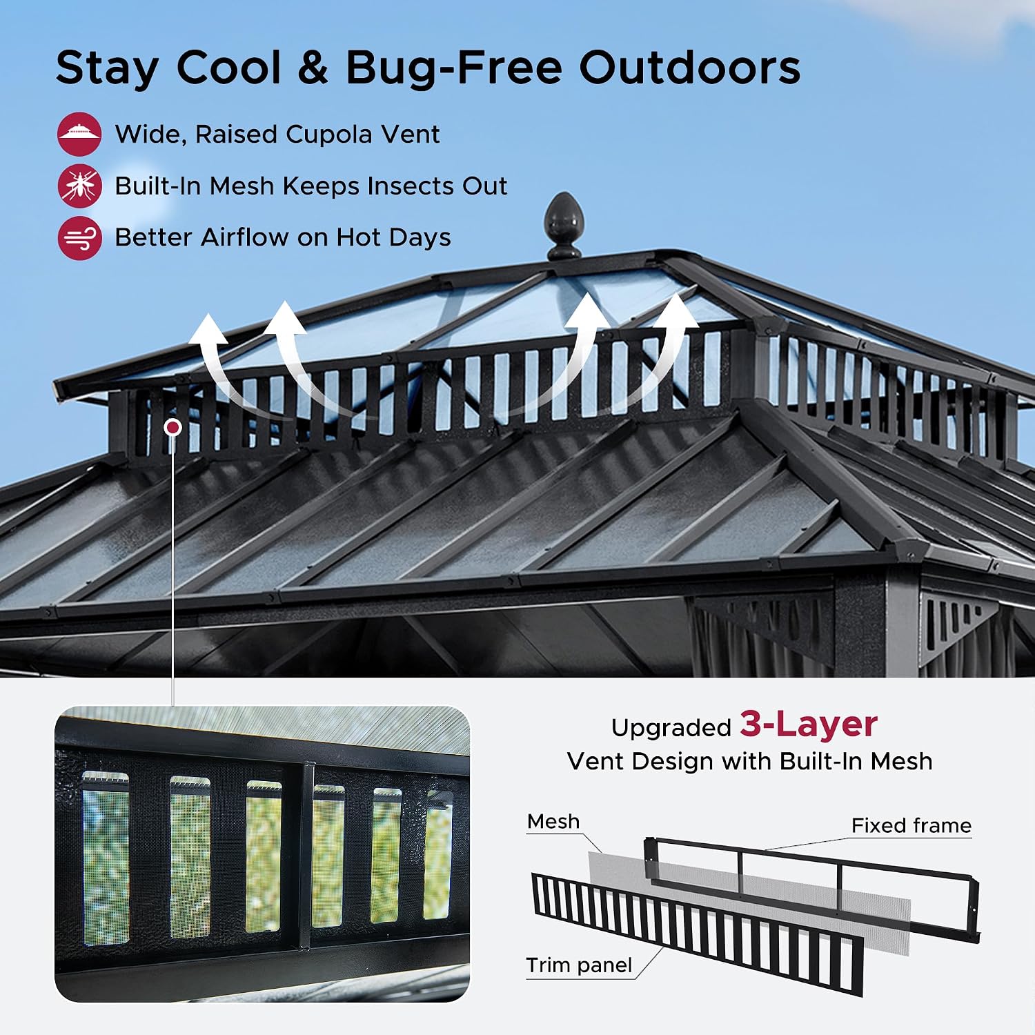 SUNJOY Kingston 12' x 10' Hardtop Gazebo with Galvanized Steel/Polycarbonate Double Roof, Curtain and Netting, Gray Aluminum Posts Permanent Pavilion Gazebo for Garden, Patio, Deck, Lawn