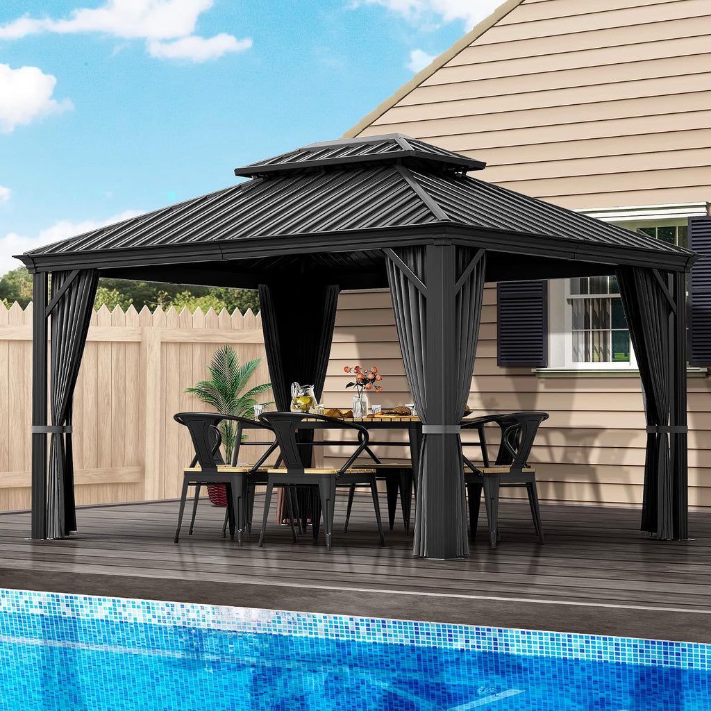 HAPPATIO 10' x 12' Hardtop Gazebo, Galvanized Steel Roof Aluminum Gazebo with Curtains and Netting, Metal Permanent Pavilion Outdoor Gazebos for Patios, Gardens, and Lawns (Gray)