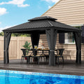 HAPPATIO 10' x 12' Hardtop Gazebo, Galvanized Steel Roof Aluminum Gazebo with Curtains and Netting, Metal Permanent Pavilion Outdoor Gazebos for Patios, Gardens, and Lawns (Gray)