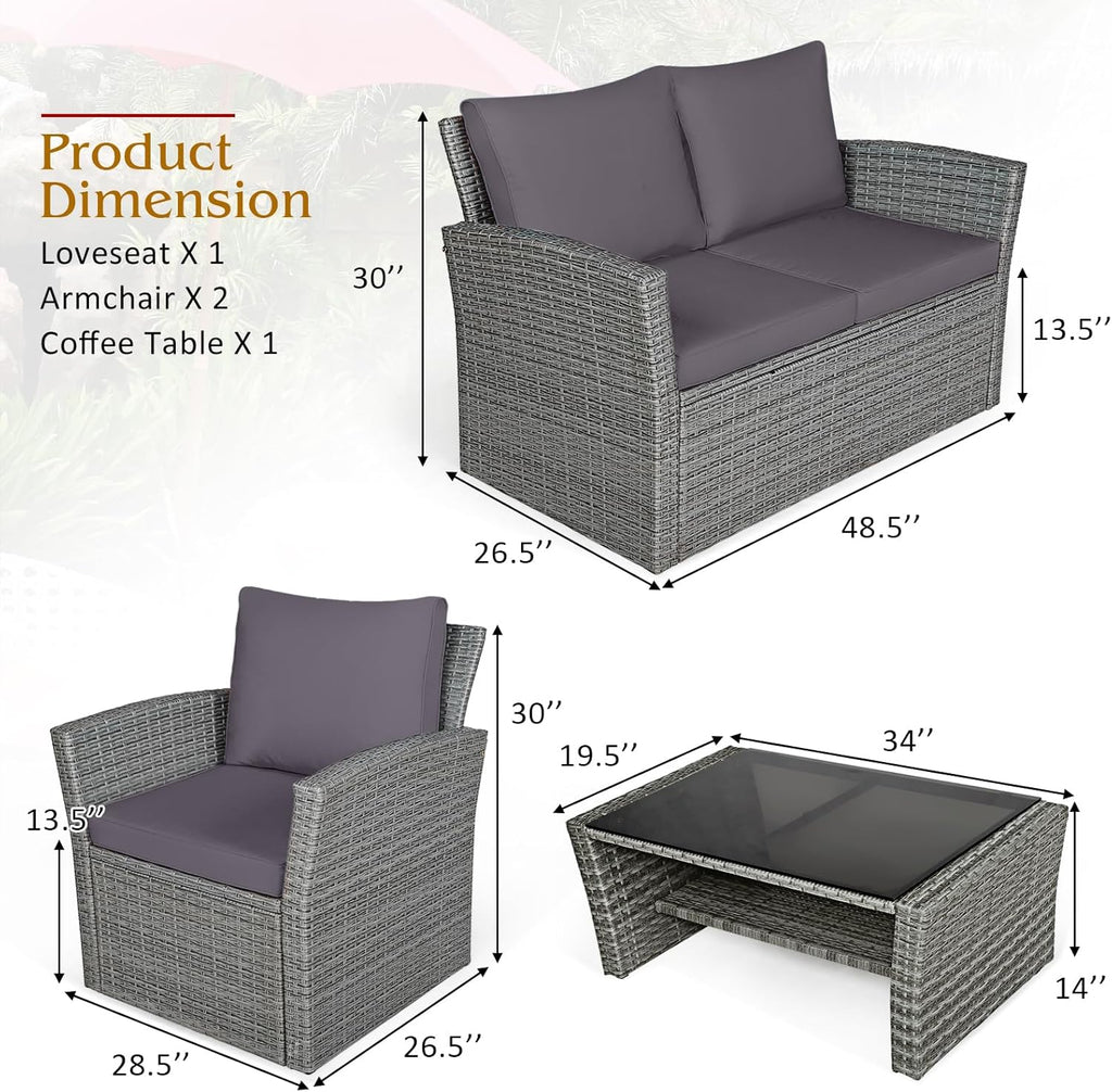 COSTWAY 4 Pieces Patio Rattan Furniture Set, Outdoor Wicker Sofa Set with Tempered Glass Coffee Table, Cushions, All Weather Rattan Conversation Set for Yard Balcony Backyard Pool (Grey)