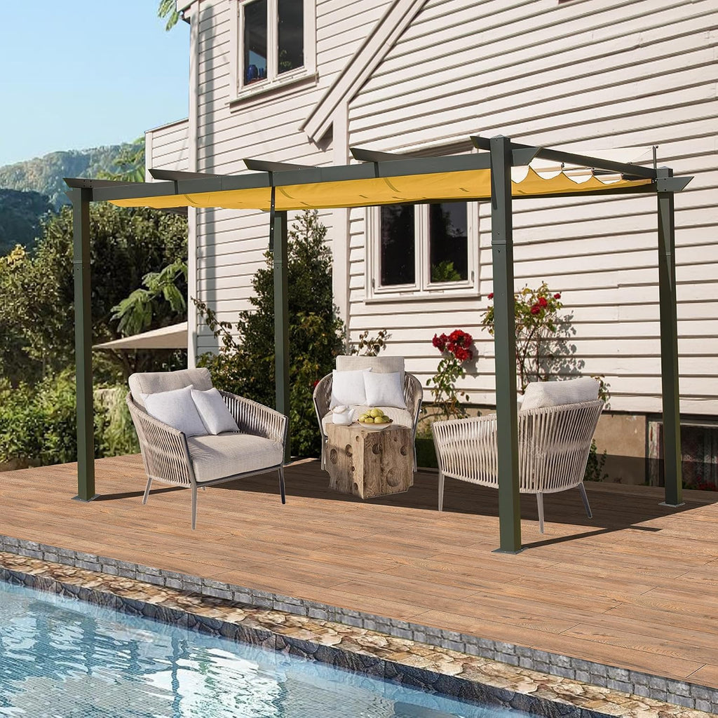 domi outdoor living Domi 9' x 13' Outdoor Retractable Pergola Against The Wall, Modern Grape Trellis with Sun Shade Canopy, Patio Aluminum Shelter Wall for Garden Porch Deck Backyard Dark Gray