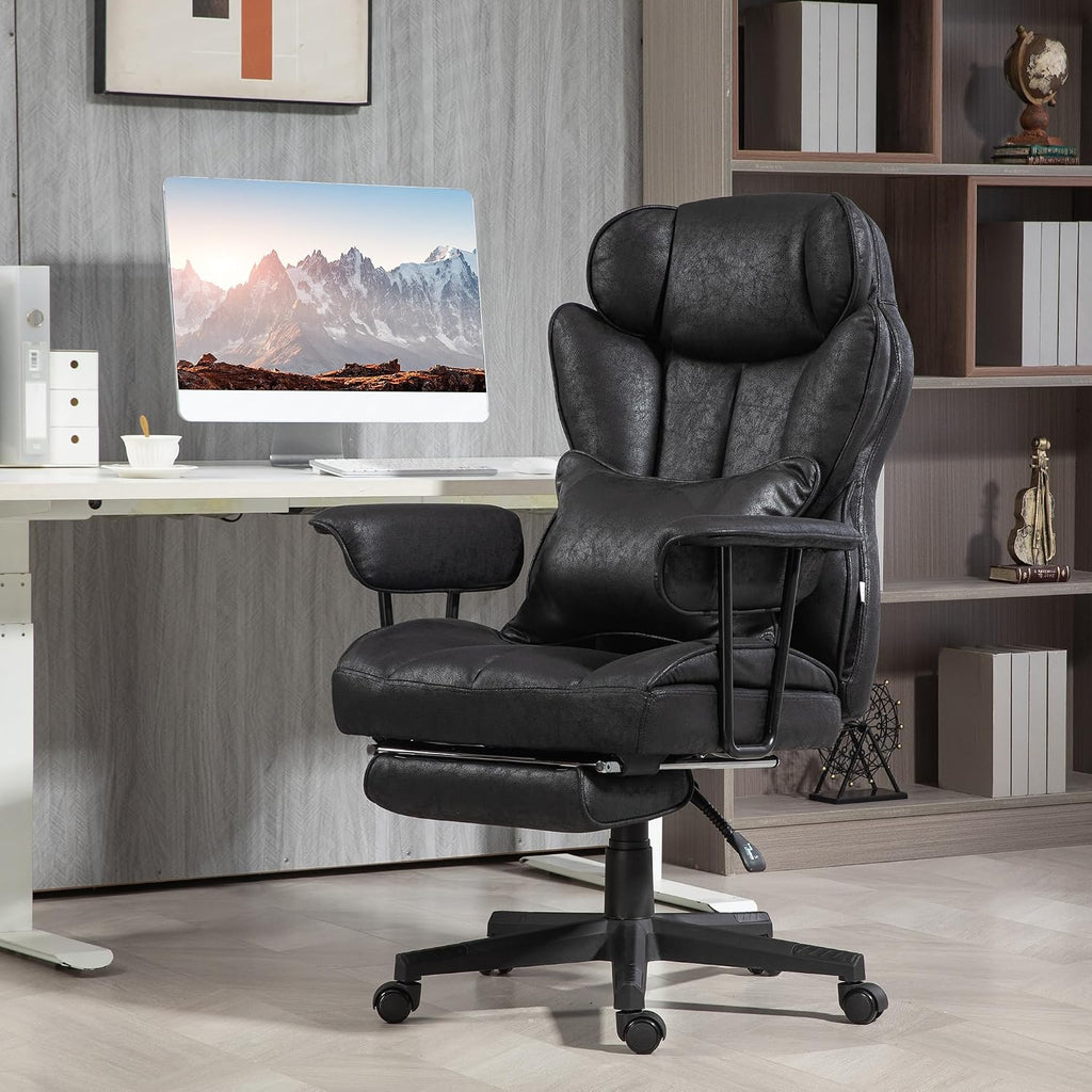 HOMCOM Massage Executive Office Chair with 6 Vibration Points, 400LBS Heated Big and Tall Office Chair with Foot Rest and Lumbar Support, Microfiber Reclining Computer Desk Chair, Black