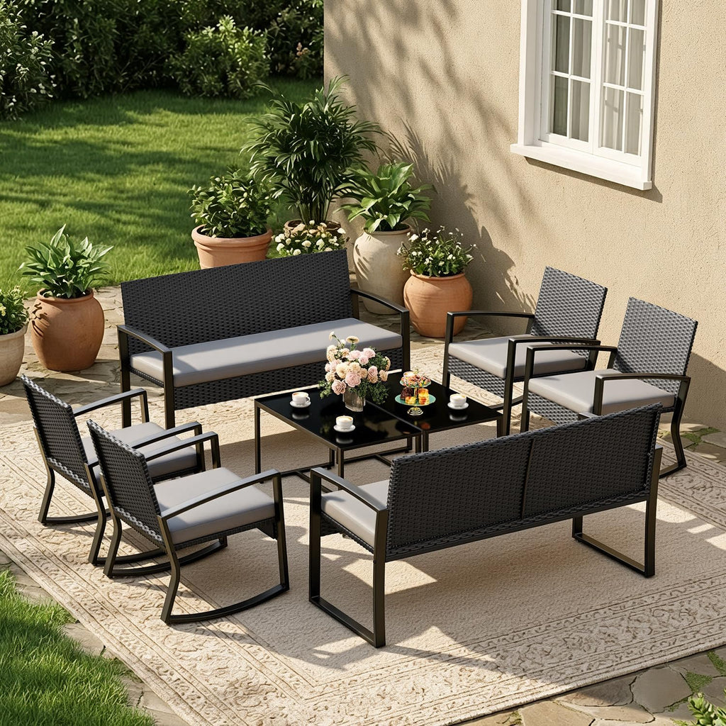 Ahomly 8 Piece Outdoor Patio Furniture Set, Outdoor Wicker Patio Furniture with Glass Coffee Table, Modern Rattan Rocking Chairs Conversation Set, for Porch, Garden, Lawn,Grey Cushion