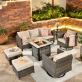ovios 7 Pieces Patio Furniture Set with Square Fire Pit Table, Swivel Rocking Chairs, Outdoor High Back Wicker Rattan Conversation Set for Deck Porch, Beige
