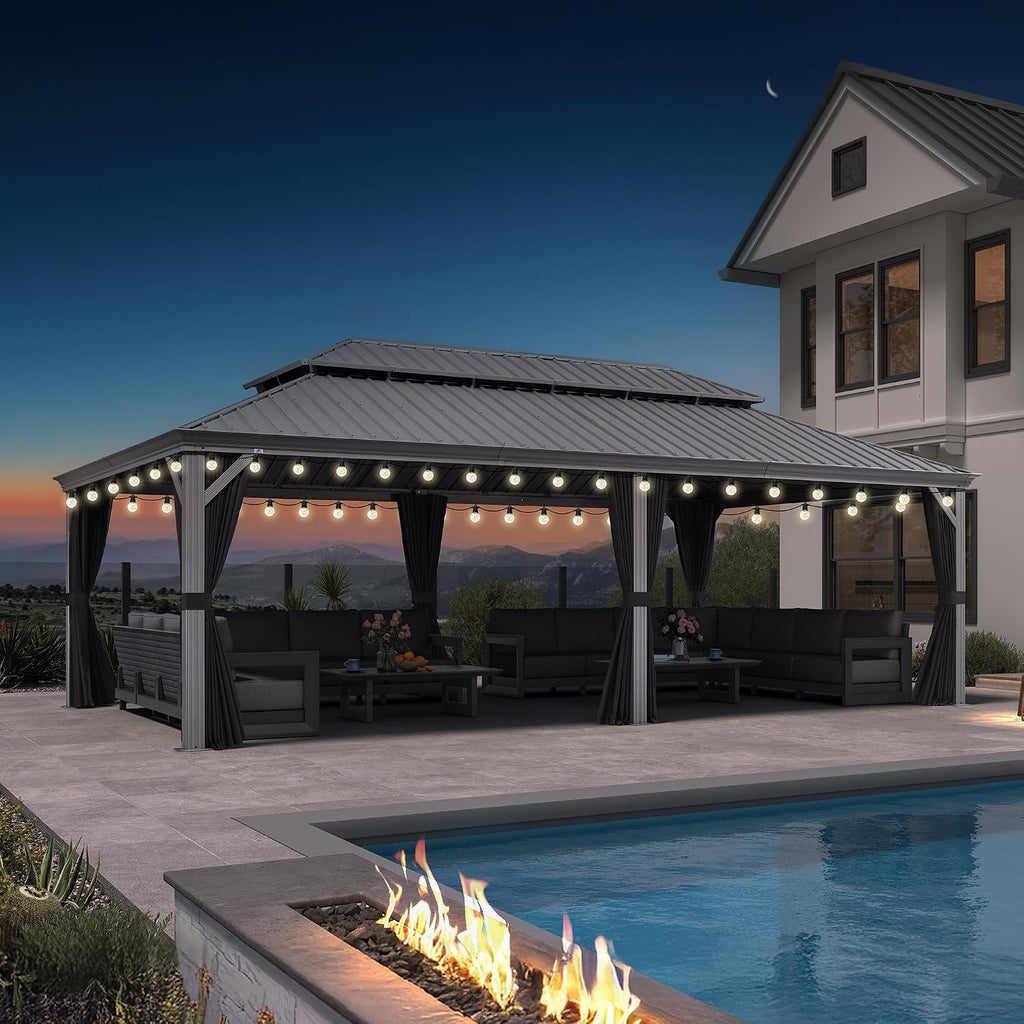 PURPLE LEAF 14' x 24' Hardtop Aluminum Gazebo with Netting and Curtains Heavy Duty Permanent Gazebo with Double Metal Roof for Patio Deck Lawn Garden All Weather Outdoor Pavilion Gazebos, Light Grey