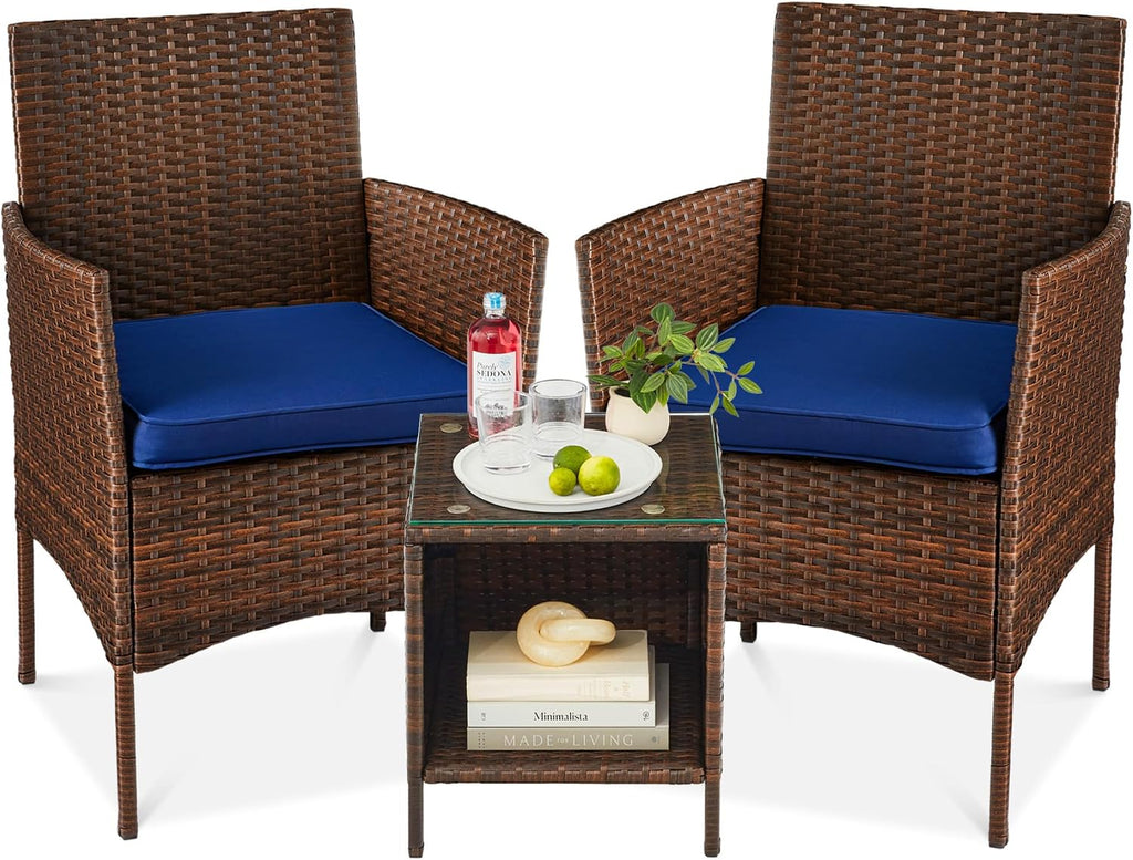 Best Choice Products 3-Piece Outdoor Wicker Conversation Bistro Set, Space Saving Patio Furniture for Garden w/Side Table - Brown/Navy
