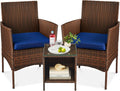Best Choice Products 3-Piece Outdoor Wicker Conversation Bistro Set, Space Saving Patio Furniture for Garden w/Side Table - Brown/Navy
