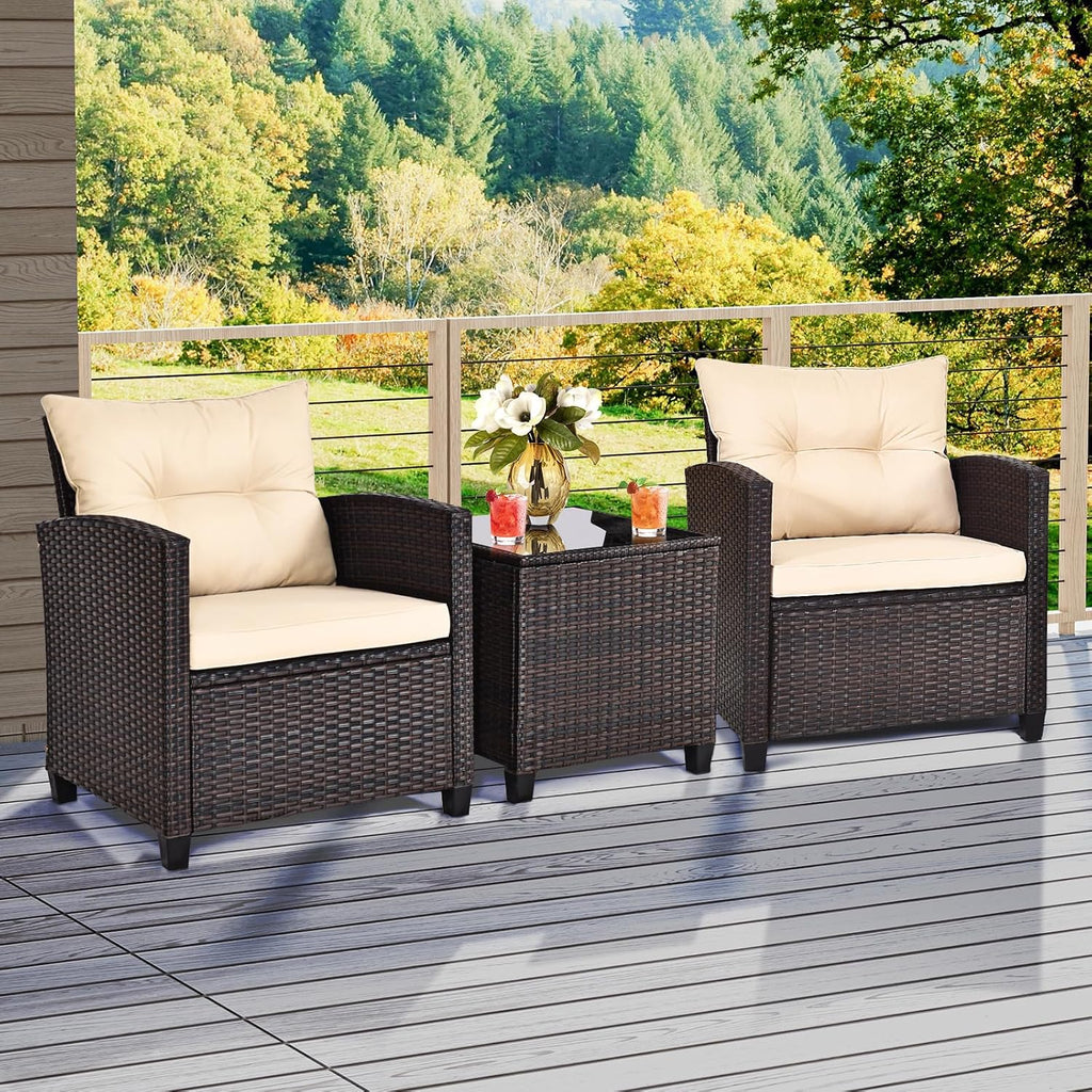 ORALNER 3 Pieces Patio Furniture Set, Outdoor Wicker Conversation Set Rattan Chairs with Cushions, Glass Coffee Table, Bistro Set for Front Porch Balcony Garden Deck Poolside (Beige)