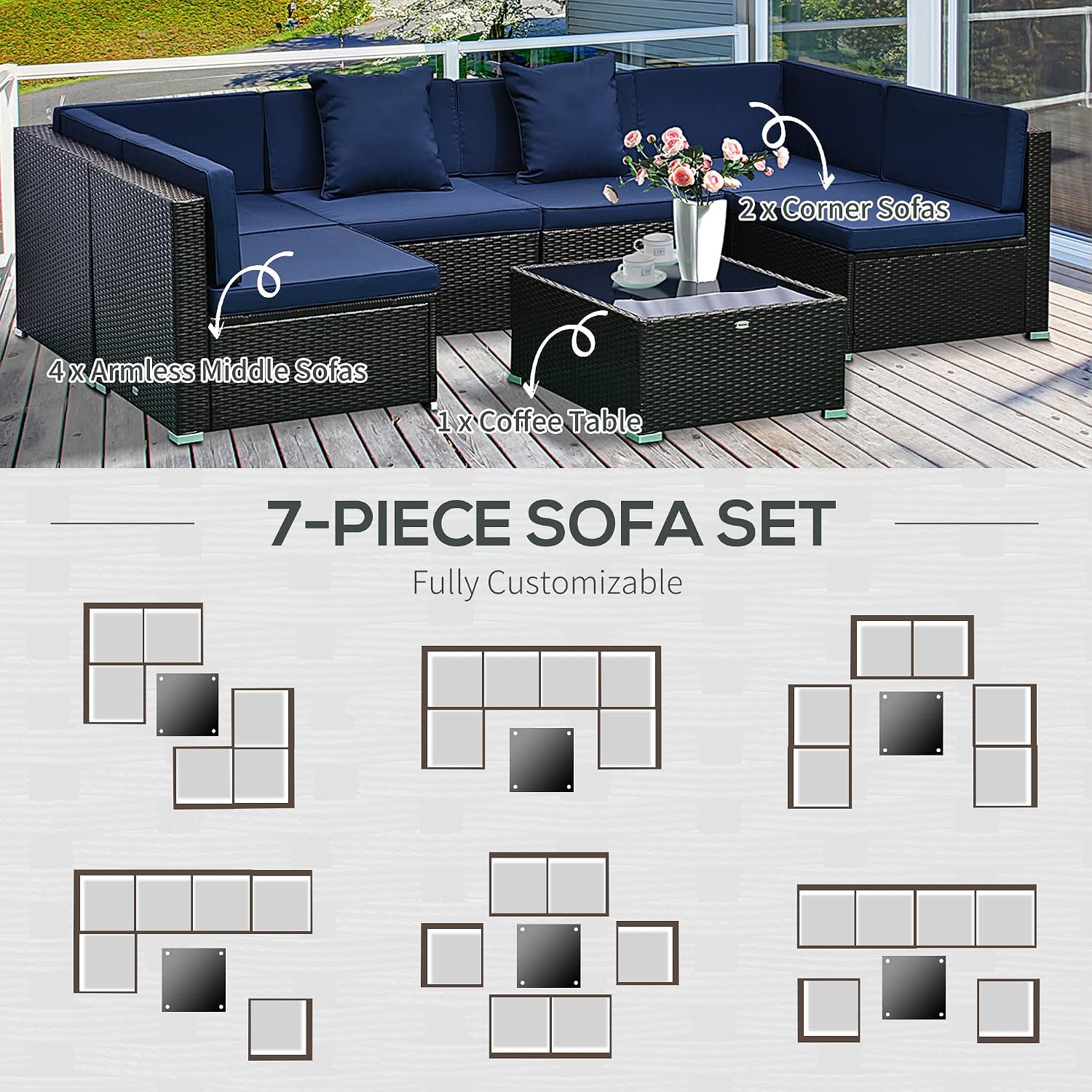 Outsunny 7-Piece Patio Furniture Sets Outdoor Wicker Conversation Sets All Weather PE Rattan Sectional Sofa Set with Cushions & Tempered Glass Desktop, Dark Blue