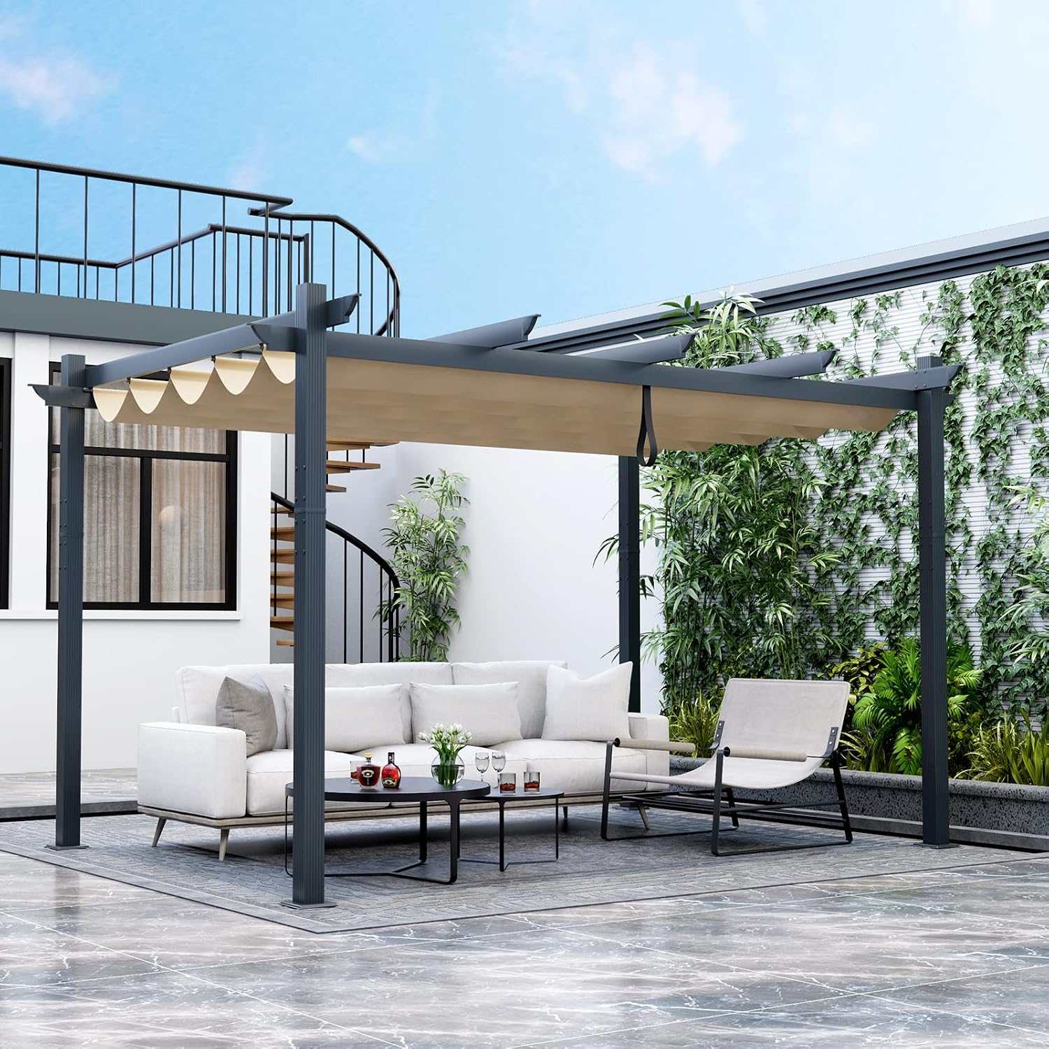 Tangkula 10x13 Ft Outdoor Pergola with Retractable Canopy, Heavy-Duty Aluminum Patio Shelter Pavilion for Deck, Garden, Yard, Beige