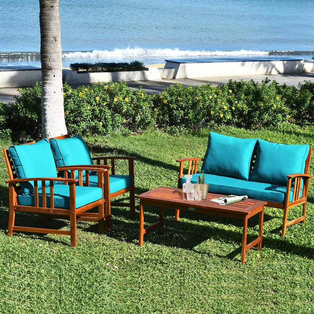 Tangkula 8 Pieces Acacia Wood Patio Furniture, Outdoor Seating Chat Set w/Gray Cushions & Back Pillow, Conversation Set w/Coffee Table for Garden, Backyard, Poolside