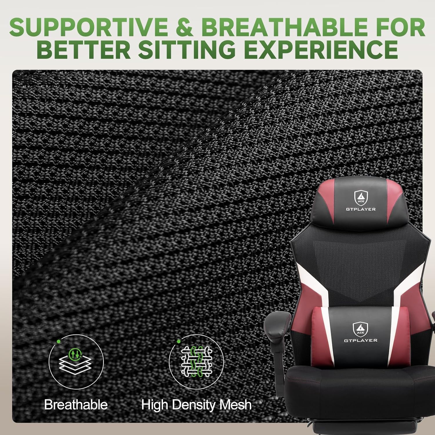 GTPLAYER Gaming Chair, Mesh Office Chairs with Footrest for Adults, Big and Tall Gamer Ergonomic Computer Chair with Height Adjustable (Red)