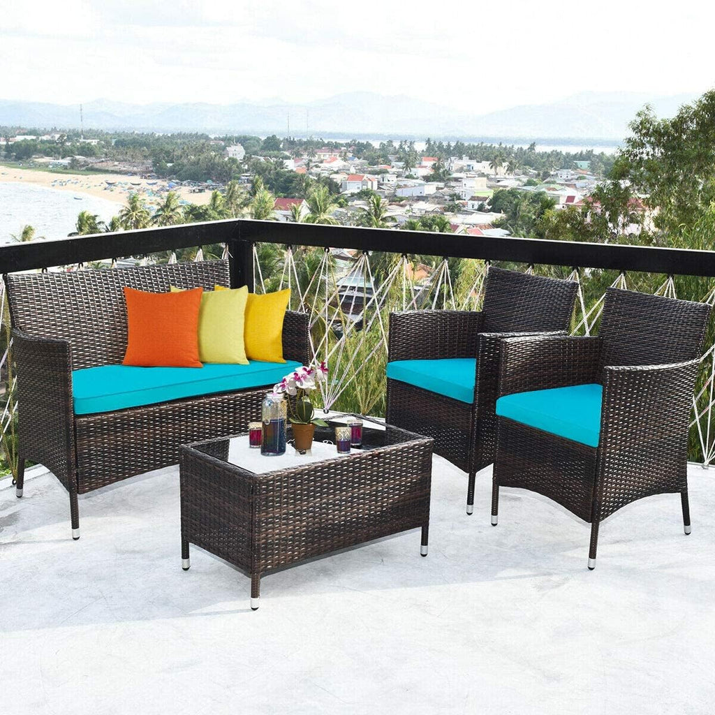 HAPPYGRILL 4-Piece Patio Furniture Set Rattan Wicker Conversation Set with Cushioned Sofa and Coffee Table for Outdoor Backyard Garden Poolside