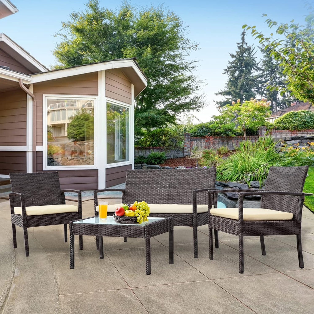 4 Piece Outdoor Patio Furniture Set, Rattan Patio Conversation Set with Table,Modern Wicker Chairs and Table Sets,Outdoor Furniture for Porch, Garden, Lawn,Beige
