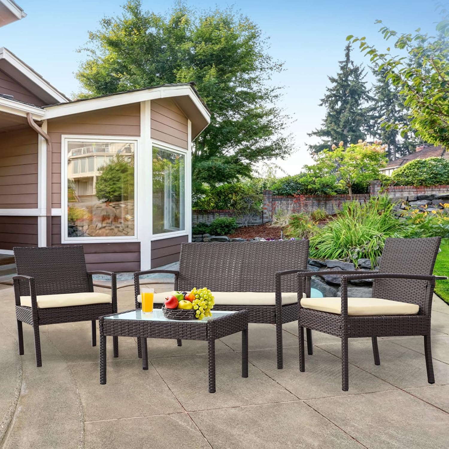 4 Piece Outdoor Patio Furniture Set, Rattan Patio Conversation Set with Table,Modern Wicker Chairs and Table Sets,Outdoor Furniture for Porch, Garden, Lawn,Beige