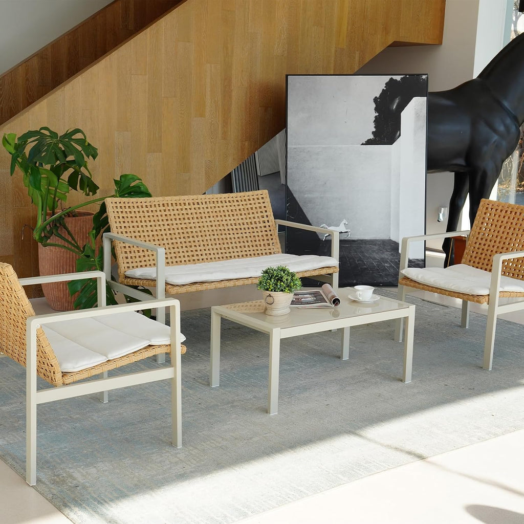 Grand patio Outdoor Furniture Set, 4-piece Wicker Patio Furniture Set with Beige Cushions, Modern Metal Conversation Loveseat Chairs with Glass Top Coffee Table for Porch Deck Backyard Balcony