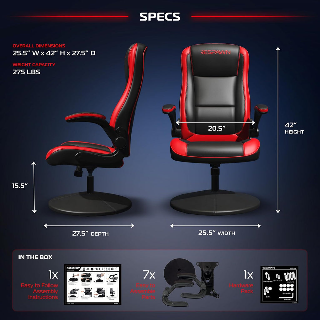 Respawn 800 Swivel Rocker Gaming Chair - Ergonomic Floor Gaming Seat with Lumbar Support, Flip Up Armrest, High Back, Pedestal Base, Comfortable No Wheels Console Video Game Rocker Chair - Red