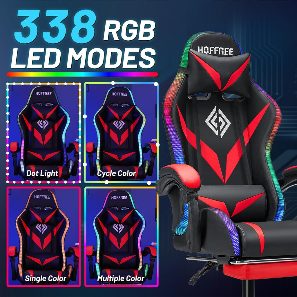 HOFFREE Gaming Chair with LED RGB Lights Massage Ergonomic Video Game Chairs with Footrest High Back Reclining Computer Chair with Adjustable Lumbar Support Red and Black