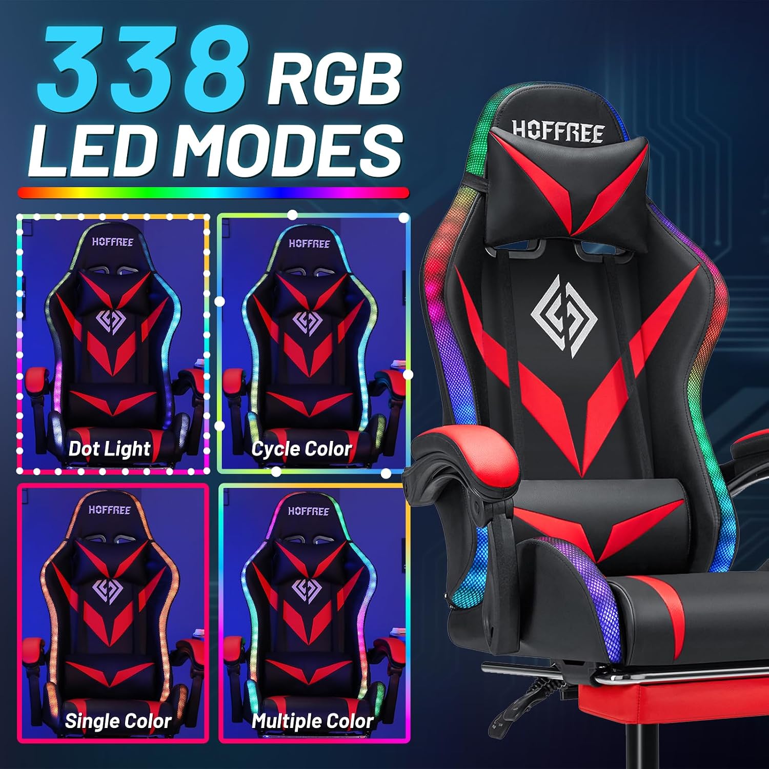 HOFFREE Gaming Chair with LED RGB Lights Massage Ergonomic Video Game Chairs with Footrest High Back Reclining Computer Chair with Adjustable Lumbar Support Red and Black