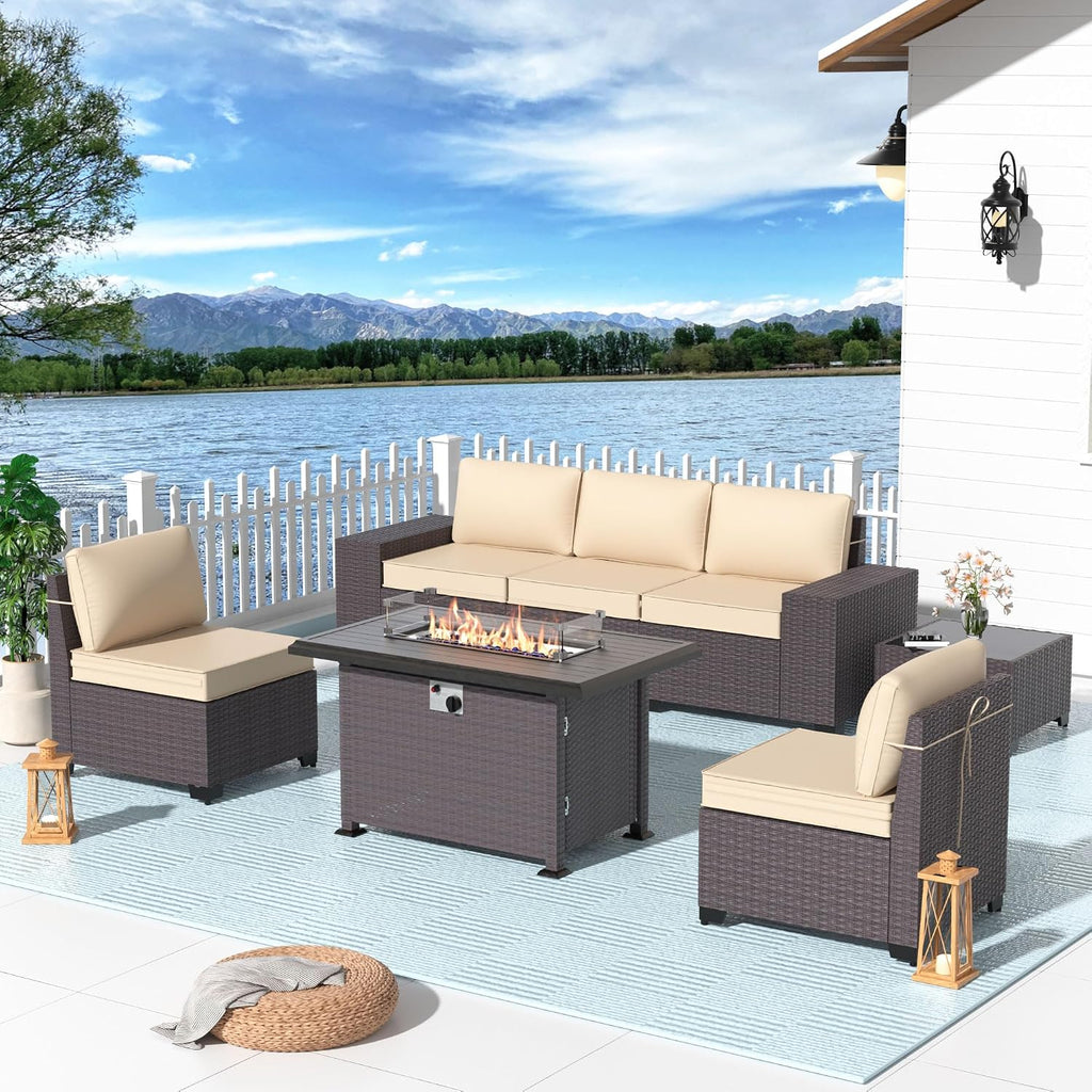 Patio Furniture Set 7 Pieces Outdoor Furniture Patio Conversation Set w/43in Gas Fire Pit,PE Rattan Wicker 7 Pcs Outdoor Sofa Set w/55000 BTU Propane Fire Pit Table,Sand