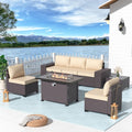 Patio Furniture Set 7 Pieces Outdoor Furniture Patio Conversation Set w/43in Gas Fire Pit,PE Rattan Wicker 7 Pcs Outdoor Sofa Set w/55000 BTU Propane Fire Pit Table,Sand