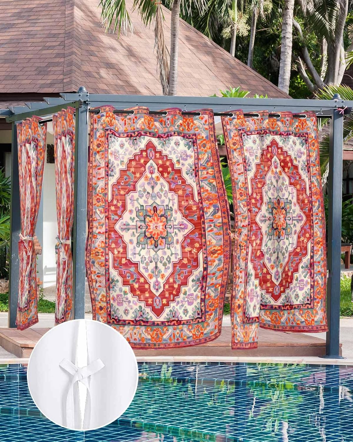 Orange Red Boho Outdoor Curtains for Patio Waterproof,Vintage Flower Tribal Distressed Printed Windproof Sun Blocking Outside Privacy Drape for Pavilion/Porch/Pergola/Garden/Cabana,2Panel,54'Wx108'L