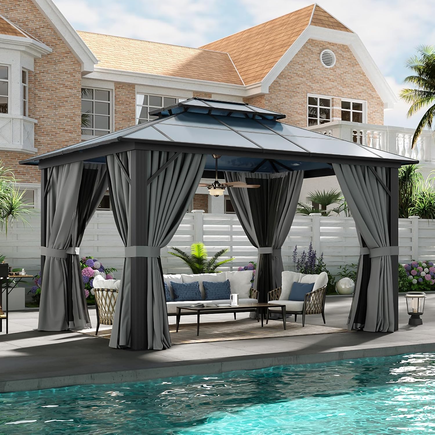 Aoxun 10'x12' Hardtop Gazebo, Aluminum Framed Outdoor Gazebo with Double Polycarbonate Roof, Durable Pavilion with Curtains & Netting for Patio, Garden, and Lawn