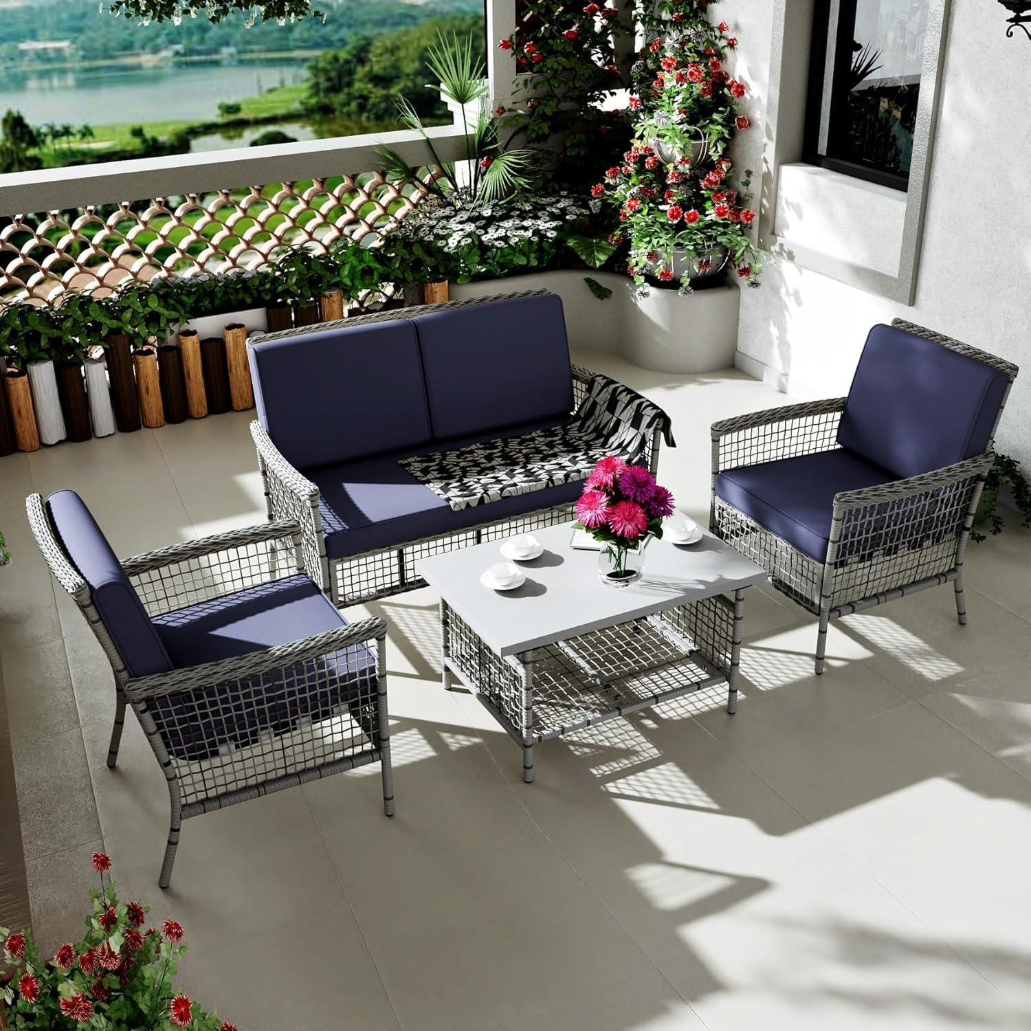 DECMICO 4 Pieces Outdoor Patio Furniture Set, Wicker Rattan Chairs & Loveseat Couch with Side Table and Cushions, All-Weather Patio Seating Set for Backyard, Deck, Porch (Dark Blue)
