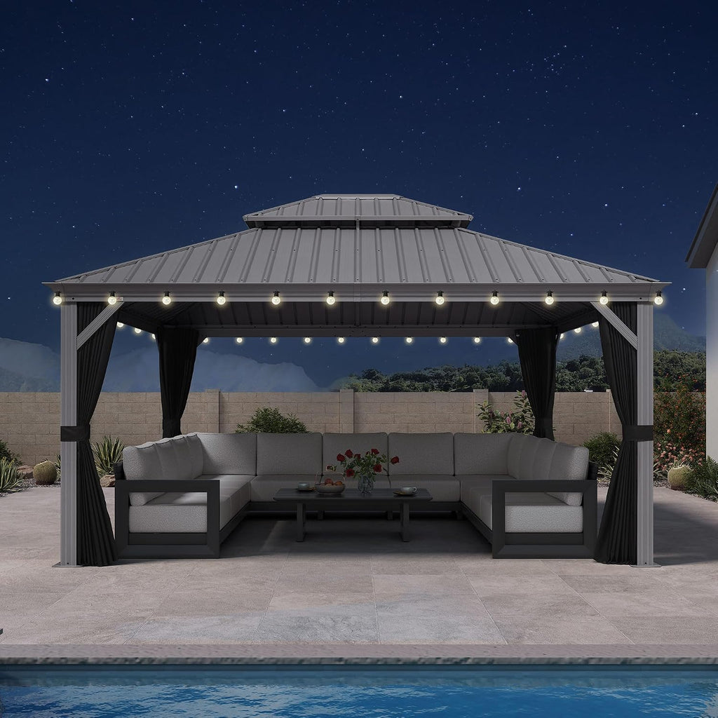 PURPLE LEAF 13' X 15' Hardtop Aluminum Gazebo with Netting and Curtains Heavy Duty Permanent Gazebo with Double Metal Roof for Patio Deck Lawn Garden All Weather Outdoor Pavilion Gazebos, Light Grey
