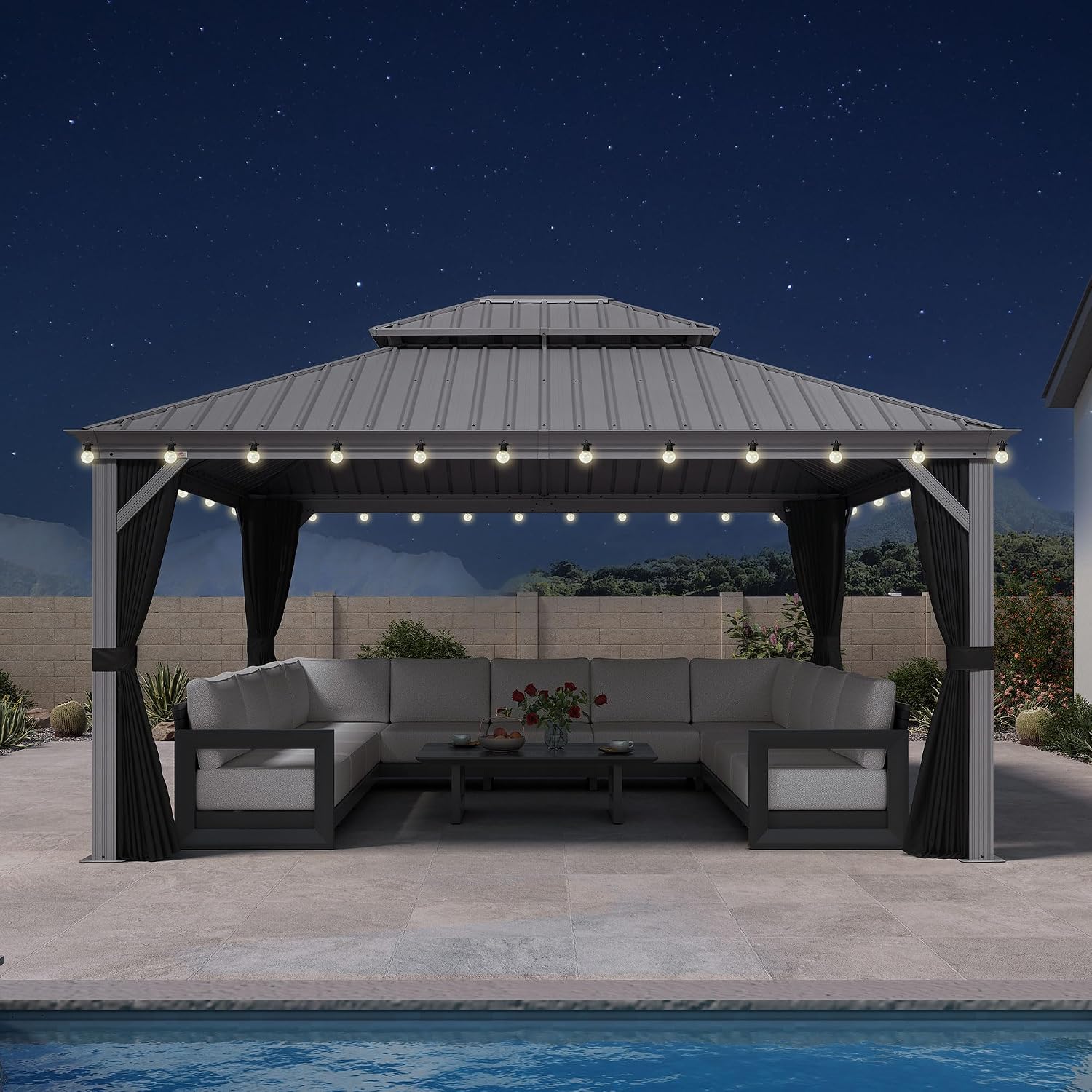 PURPLE LEAF 13' X 15' Hardtop Aluminum Gazebo with Netting and Curtains Heavy Duty Permanent Gazebo with Double Metal Roof for Patio Deck Lawn Garden All Weather Outdoor Pavilion Gazebos, Light Grey