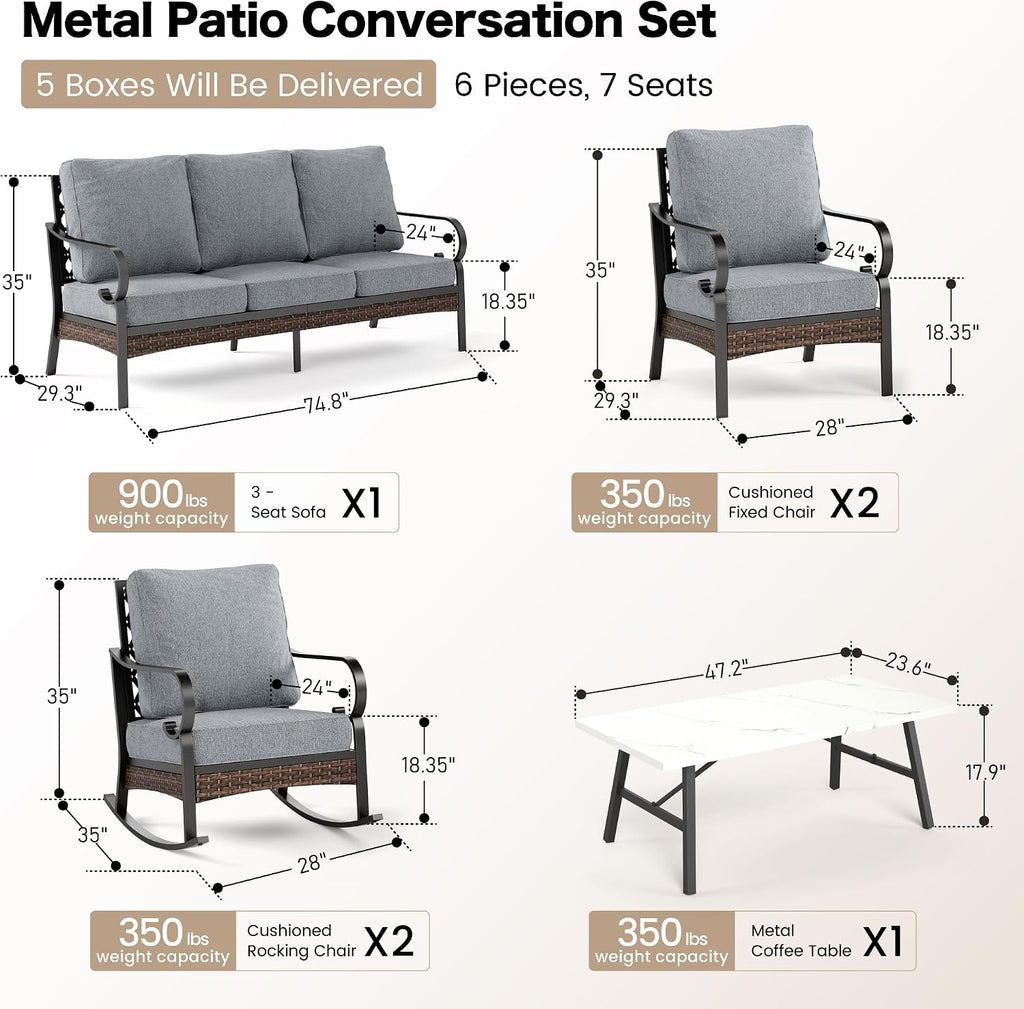 SUNSHINE VALLEY 6 Piece Metal Outdoor Patio Furniture Set, Patio Conversation Set with 1 3-Seater & 2 Fixed Sofas, 2 Rocking Sofas, 5.75' Thick Cushion & Coffee Table, Black & Gray Backyard Furniture