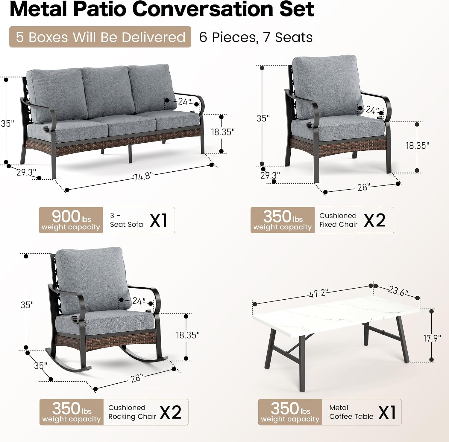 SUNSHINE VALLEY 6 Piece Metal Outdoor Patio Furniture Set, Patio Conversation Set with 1 3-Seater & 2 Fixed Sofas, 2 Rocking Sofas, 5.75' Thick Cushion & Coffee Table, Black & Gray Backyard Furniture