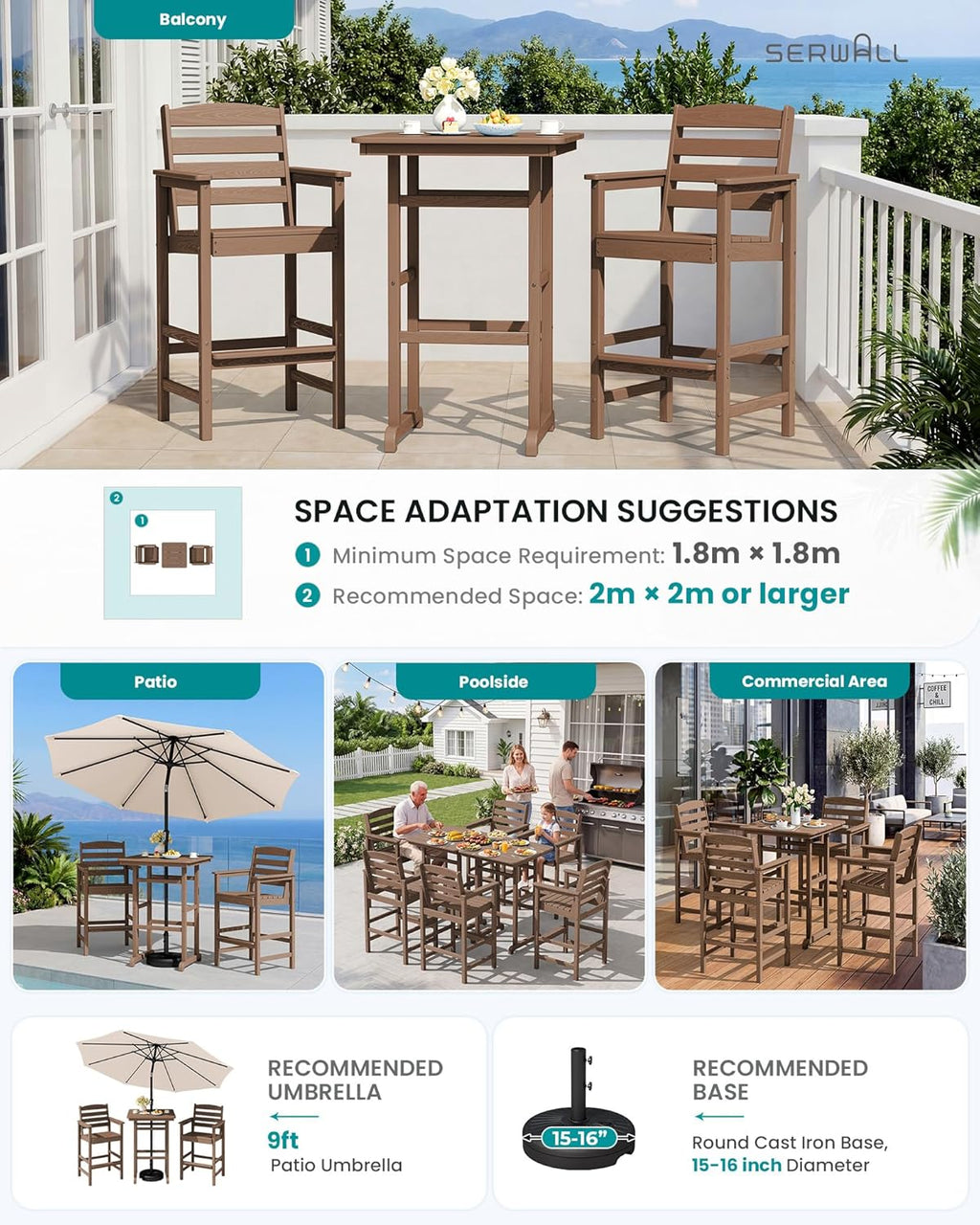 SERWALL 5 Pieces Adirondack Bar Chairs Set with Bar Table, HDPE Outdoor Barstool Set, Brown