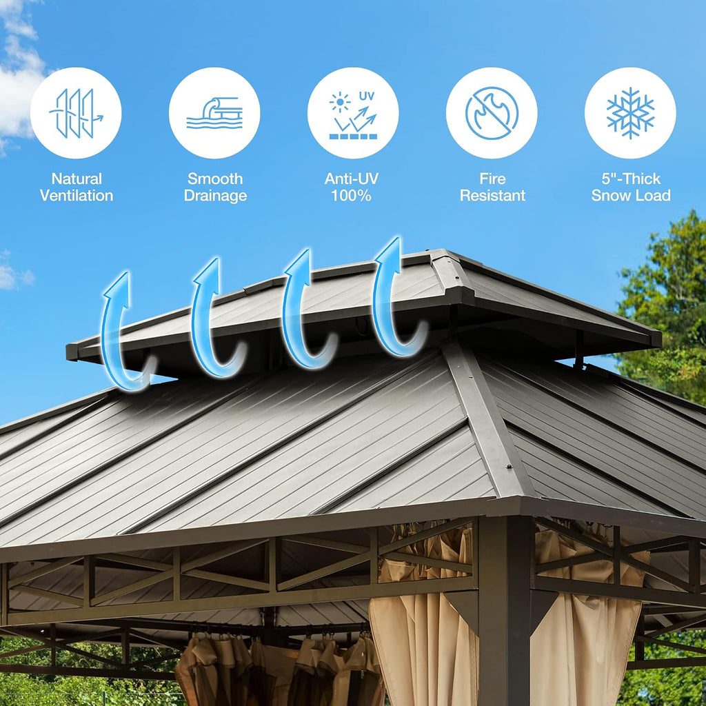 MELLCOM 10'x12' Hardtop Gazebo, Metal Double Roof with Anti-Rust Coating Frame, Outdoor Waterproof Patio Gazebos with Shaded Curtains and Netting for Gardens, Lawns, Deck