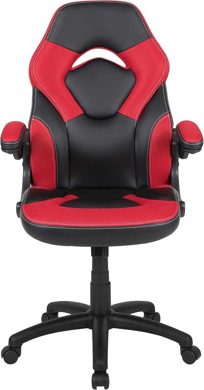 Flash Furniture X10 High-Back LeatherSoft Racing Style Gaming Chair with Flip-Up Arms, Ergonomic Padded Swivel Computer Chair, Red/Black