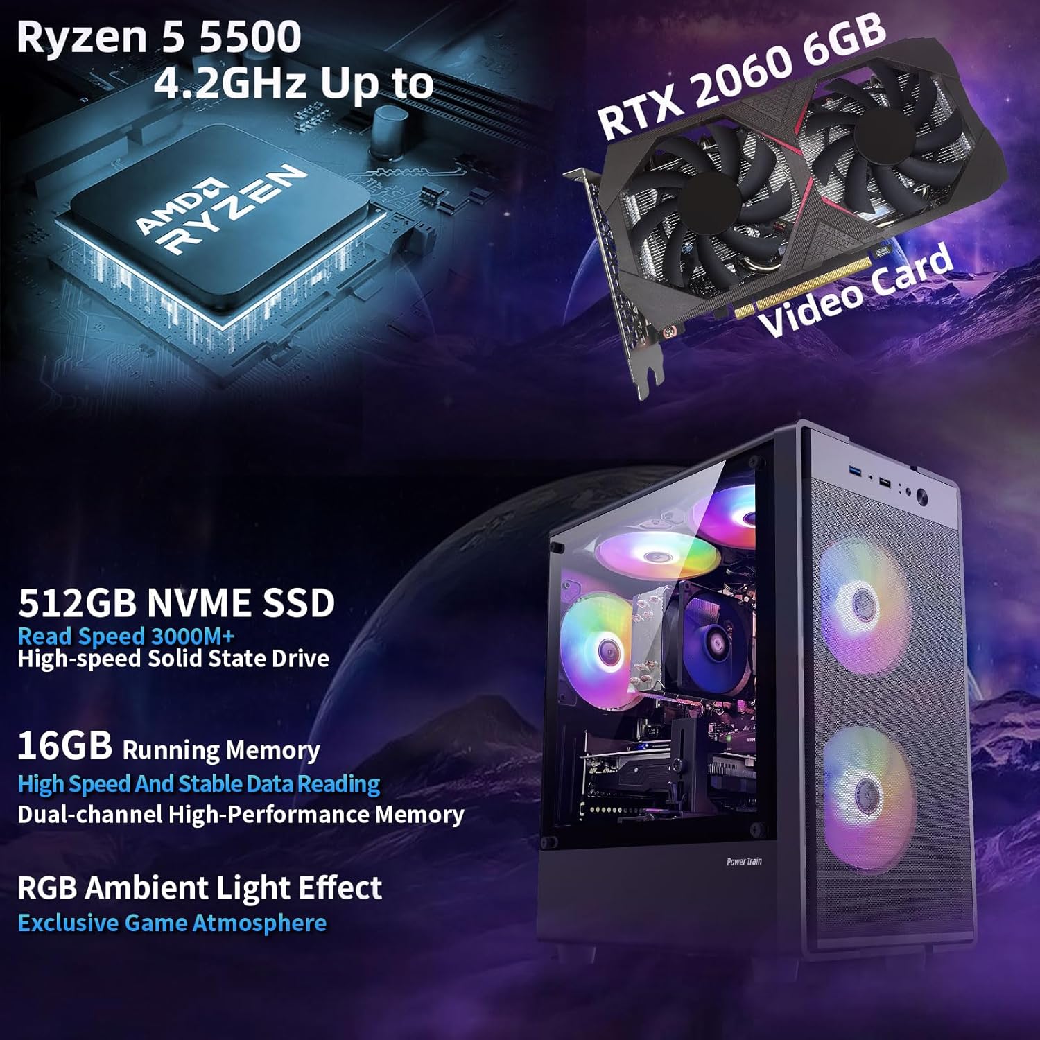 Gaming PC Computer Desktop, Ryzen 5 6-core up to 4.2GHz, RTX 2060 6G, 16GB DDR4, 512GB SSD, WiFi 6, RGB Fan x5, Prebuilt Windows 11 Home Tower Computers