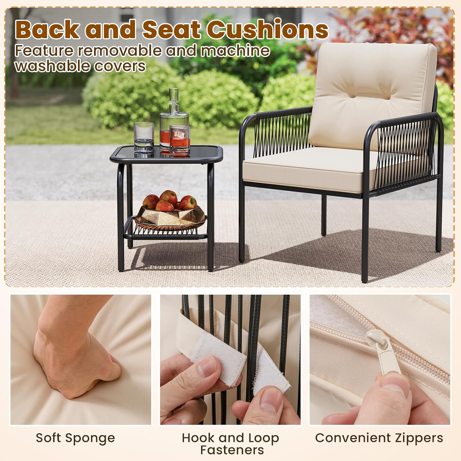Tangkula 3 Pieces Patio Bistro Set, PE Rattan Furniture Set with Tempered Glass Table, Chairs, Back and Seat Cushions, Outdoor Wicker Conversation Set for Porch, Backyard, Garden and Poolside