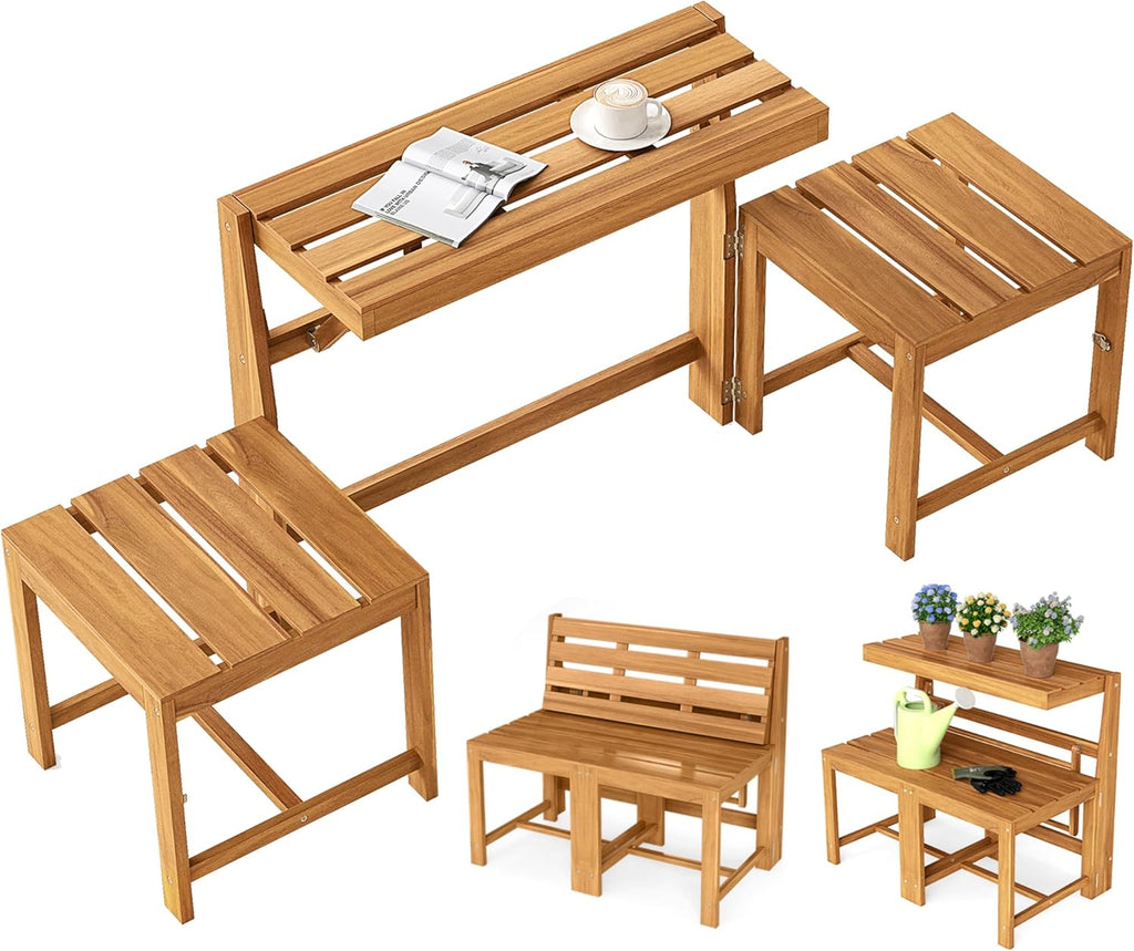 Tangkula 3-in-1 Outdoor Acacia Wood Loveseat Bench Furniture, Patio Table and Chairs Set with Plant Rack Design, for Garden, Porch and Backyard