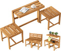 Tangkula 3-in-1 Outdoor Acacia Wood Loveseat Bench Furniture, Patio Table and Chairs Set with Plant Rack Design, for Garden, Porch and Backyard