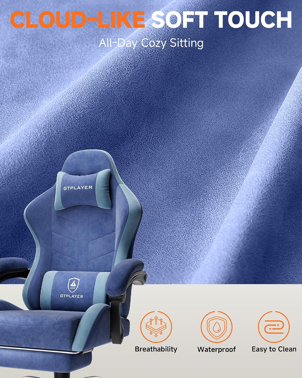 GTPLAYER Gaming Chair with Footrest, Computer Gaming Chair for Adults and Kids, Height Adjustable Gamer Chair with 90-155° Recline & Removable Headrest Lumbar Support,Performance Fabric Blue