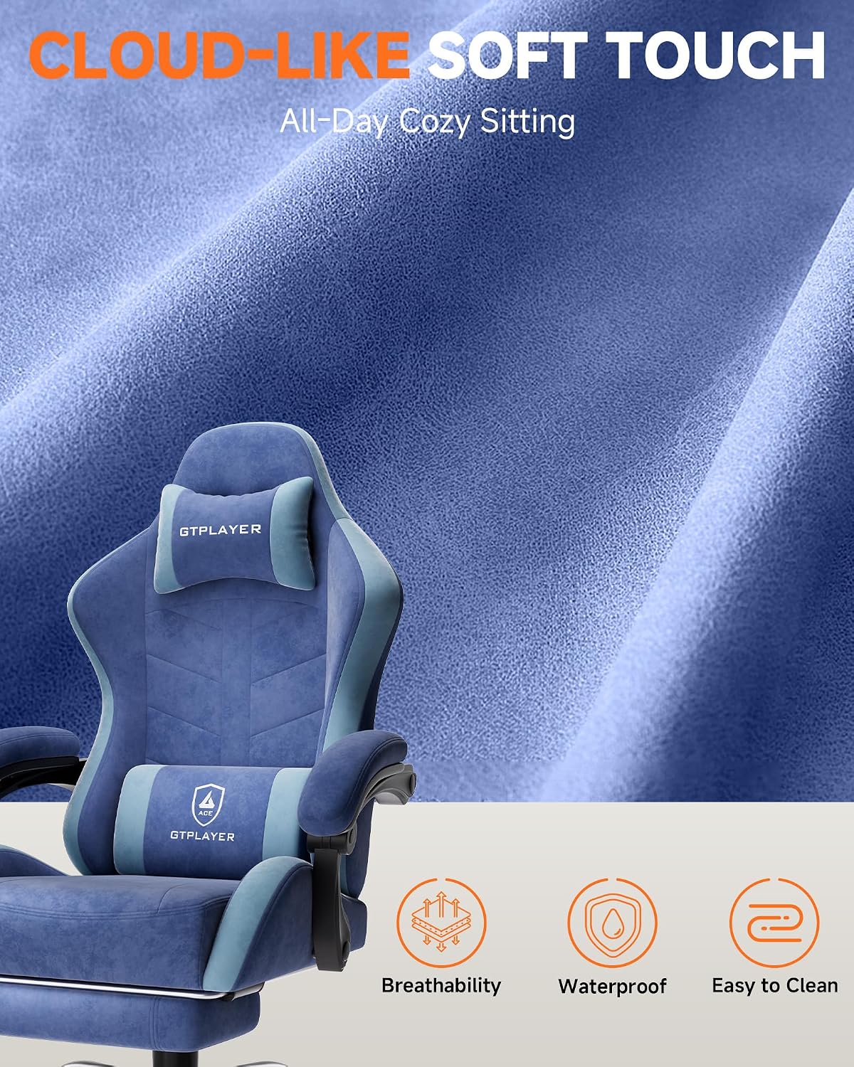 GTPLAYER Gaming Chair with Footrest, Computer Gaming Chair for Adults and Kids, Height Adjustable Gamer Chair with 90-155° Recline & Removable Headrest Lumbar Support,Performance Fabric Blue