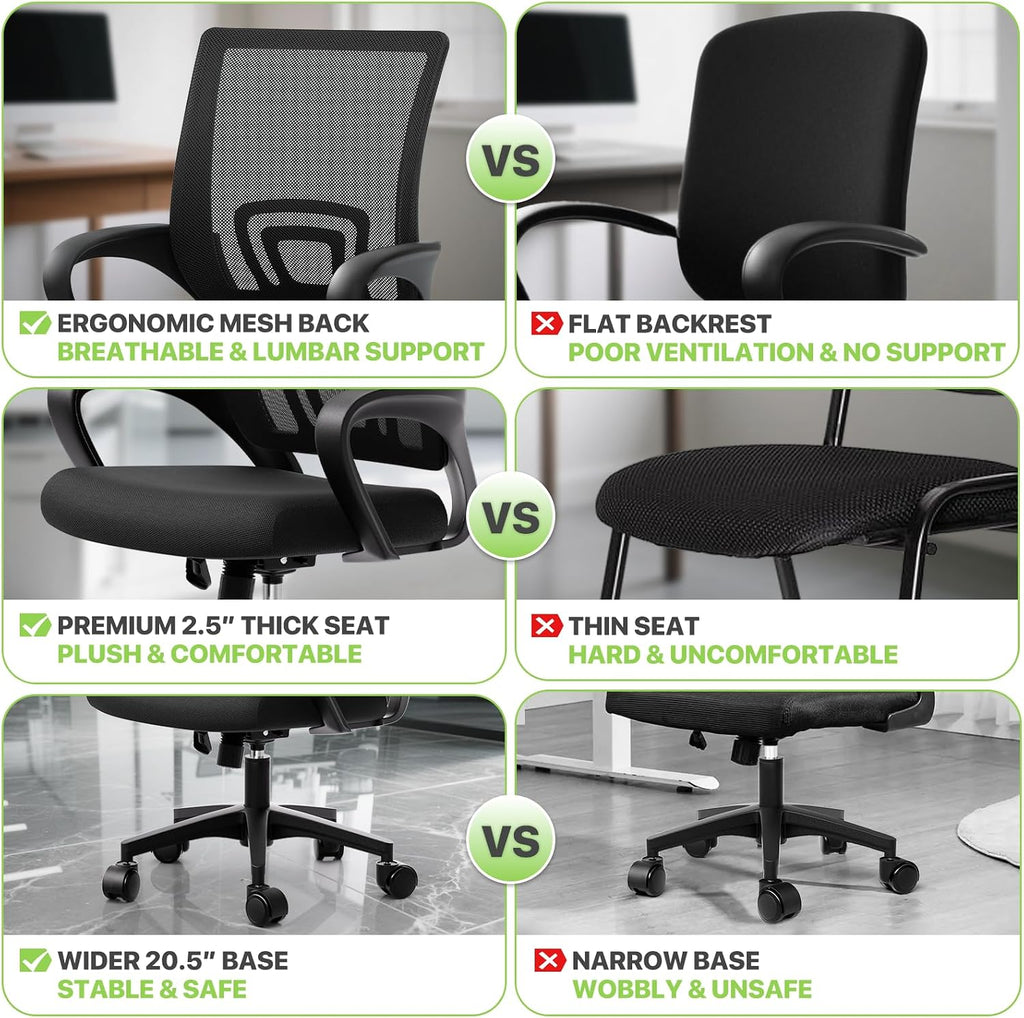 Magshion Ergonomic Office Chair 20 Pack, Mid-Back Mesh Desk Chair, Adjustable Swivel Computer Chair with Lumbar Support & Breathable Backrest for Gaming, Work, Study, 300 Lbs Capacity, Black